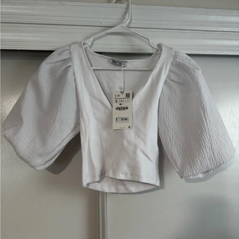Zara White Puff Sleeve Cropped Top NWT